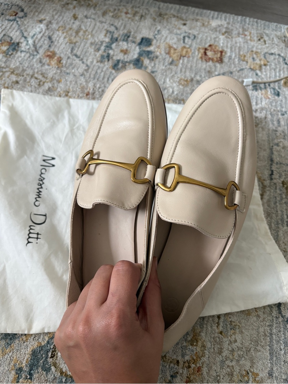 Massimo Dutti Beige Leather Loafers with Gold Hardware